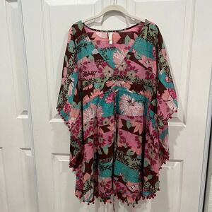 VIX loral Print Pom Pom‎ Trim Swim Cover Up Resort Wear Bohemian Kimono L